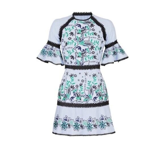 AMUR Embroidered Logan Pom Pom Trim Mini Dress Blue Floral Striped - Picture 3 of 9